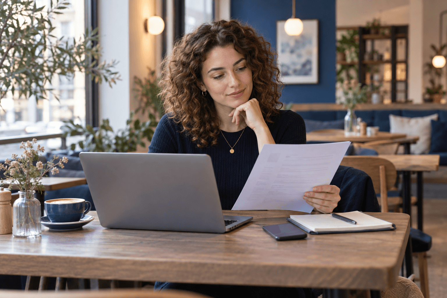 AI-created illustration of a young woman working on her next career move